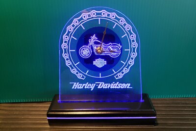 Custom engraved clock with Harley-Davidson motorcycle logo from Engraver's Den