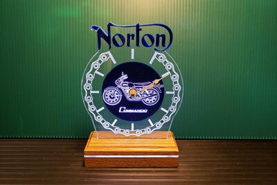 Custom engraved clock with Norton motorcycle logo from Engraver's Den