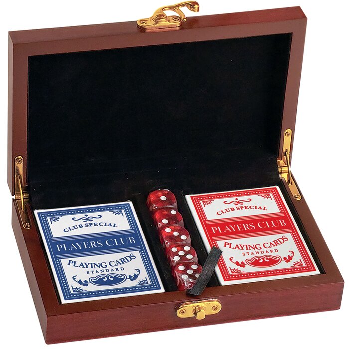 Custom engraved rosewood finish card & dice set, corporate gifts from Engraver's Den