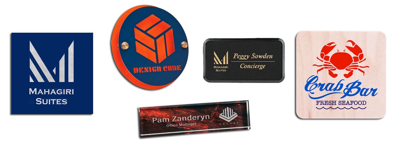 Custom engraved signs, laser printed promotional signs, commercial signage, engraving services, Engraver's Den, MA, RI